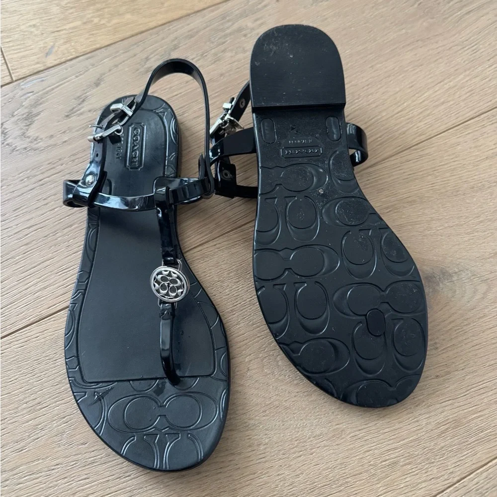 Coach Pansy Black Jelly Sandals with Silvertone Signature Accents Women's 6